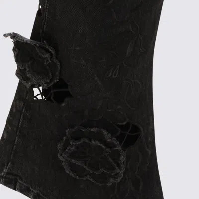 Blumarine Straight Trousers With Distressed Floral Appliqué In Black