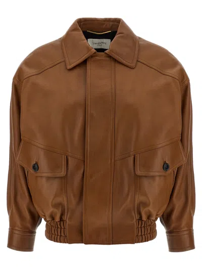 Saint Laurent Leather Bomber Jacket Puffer Jackets Brown In Multi