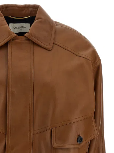 Saint Laurent Leather Bomber Jacket Puffer Jackets Brown In Multi
