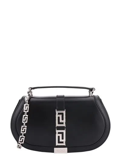 Versace Leather Handbag With Frontal Metal La Greca Detail In Black
