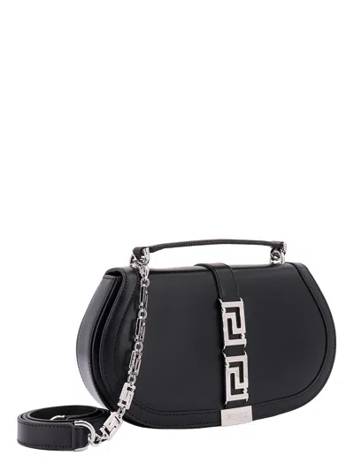 Versace Leather Handbag With Frontal Metal La Greca Detail In Black