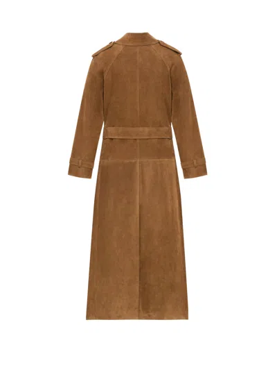Saint Laurent Long Double-breasted Suede Trench Coat In Brown