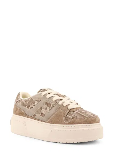 Fendi Match Canvas And Suede Low-top Sneakers In Brown