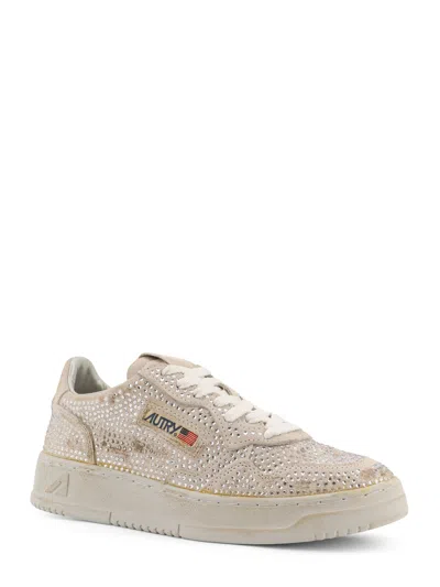 Autry Medalist Low Sneakers In Worn-out Effect Suede With Rhinestones In Multi
