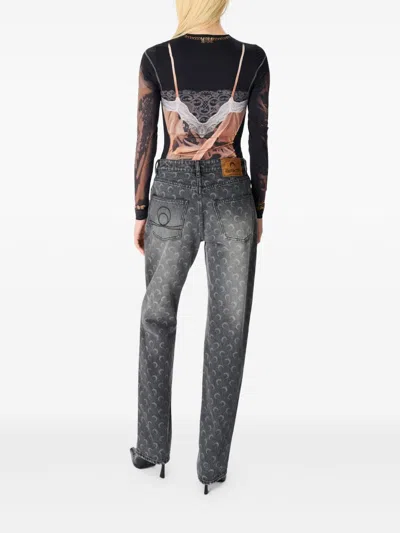 Marine Serre Moon Laser Grey Wash Denim Straight Jeans In Blue