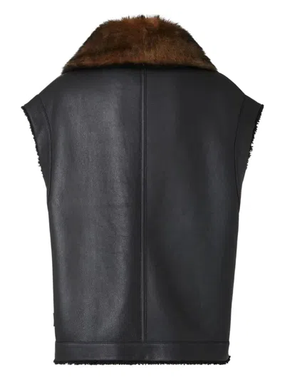 Fendi Women Black Sleeveless Shearling Jacket With Buckled Spread Collar In Leather And Fur Woman