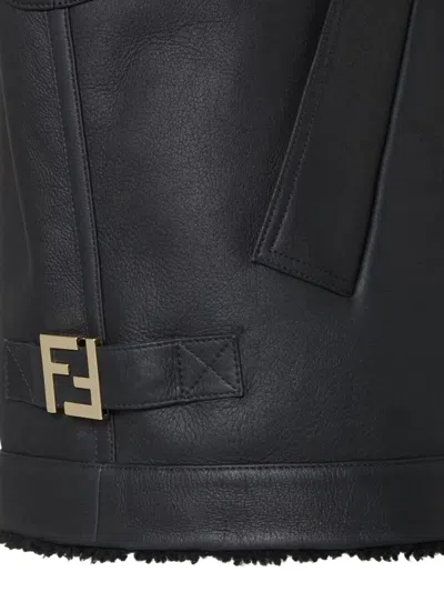 Fendi Women Black Sleeveless Shearling Jacket With Buckled Spread Collar In Leather And Fur Woman