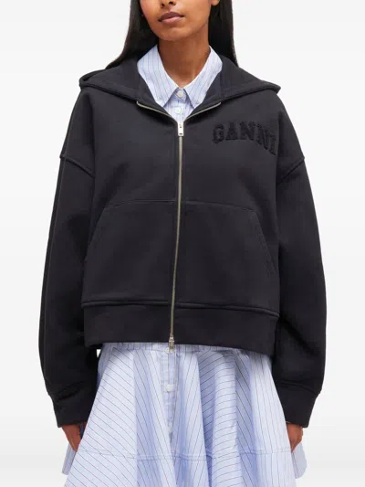 Ganni Hooded Long Sleeve Organic Cotton Sweatshirt In Black