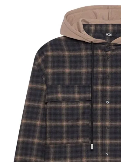 Gcds Plaid Hooded Shirt Chest Pockets Drawstring In Multi