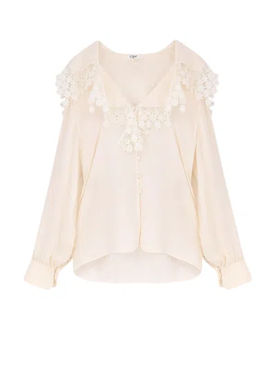 Chloé Silk Shirt With V-neck And Lace Trim In Neutral