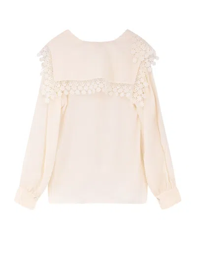 Chloé Silk Shirt With V-neck And Lace Trim In Neutral