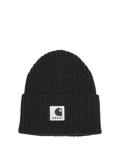 Sacai Carhartt Wip Wool Blend Knit Beanie Hat In Black