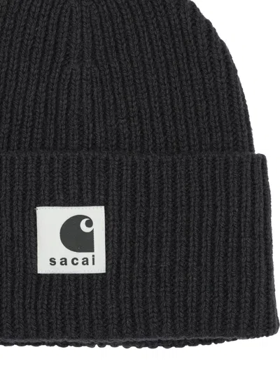 Sacai Carhartt Wip Wool Blend Knit Beanie Hat In Black