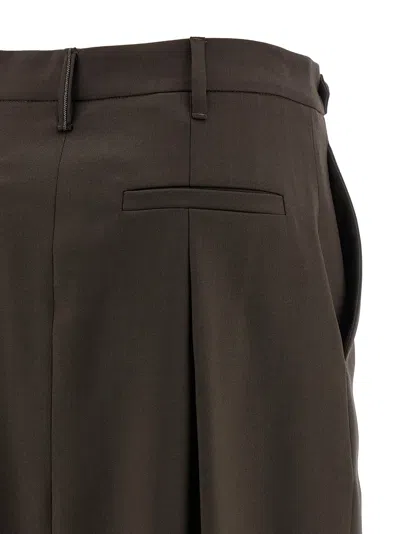 Brunello Cucinelli Curved Design Skirt With Pleats And Pockets In Brown