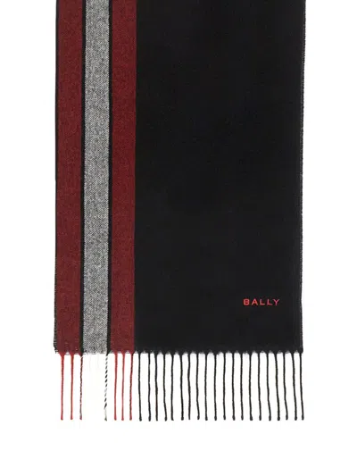 Bally Long Rectangular Black Scarf With Burgundy In Brown