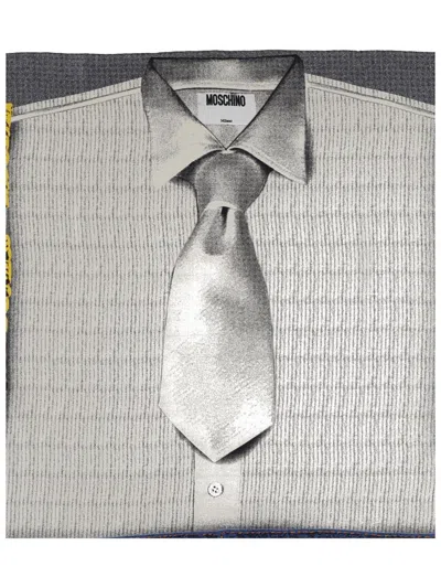 Moschino Silk Scarf With Print In Gray