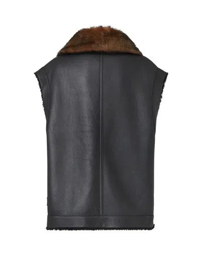 Fendi Women Black Sleeveless Shearling Jacket With Buckled Spread Collar In Leather And Fur Woman In Black
