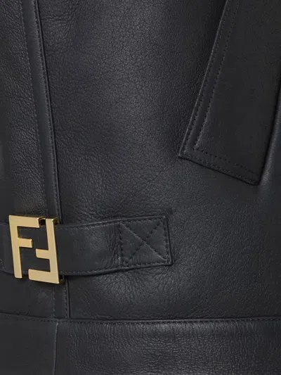 Fendi Women Black Sleeveless Shearling Jacket With Buckled Spread Collar In Leather And Fur Woman In Black