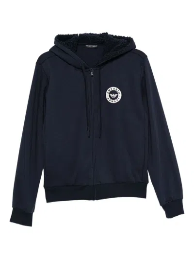 Emporio Armani Hooded Knit Sweatshirt With Ribbed Cuffs And Hem In Blue