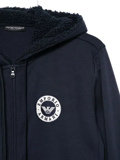 Emporio Armani Hooded Knit Sweatshirt With Ribbed Cuffs And Hem In Blue