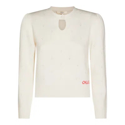 Chloé Wool And Cashmere Fitted Sweater With An Openwork Motif Clothing In White