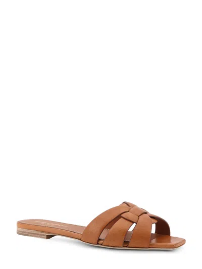 Saint Laurent Tribute Woven Leather Flat Sandals In Brown