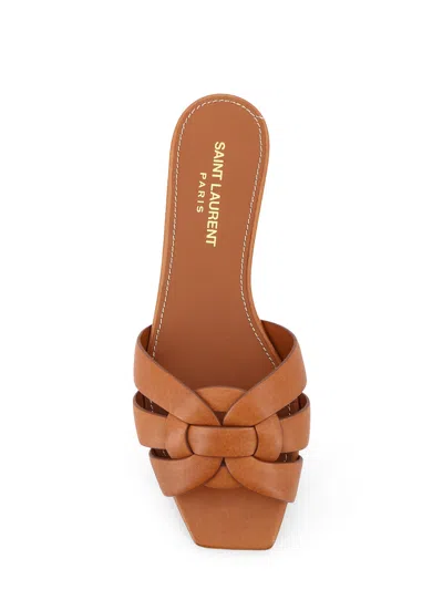 Saint Laurent Tribute Woven Leather Flat Sandals In Brown