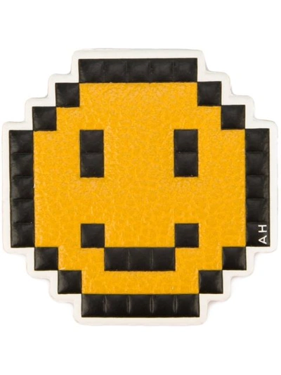 Anya Hindmarch Pixelated Smiley Leather Sticker For Handbag, Mustard