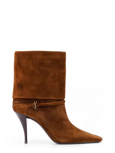 Saint Laurent Niki Suede Ysl Stiletto Ankle Booties In Brown