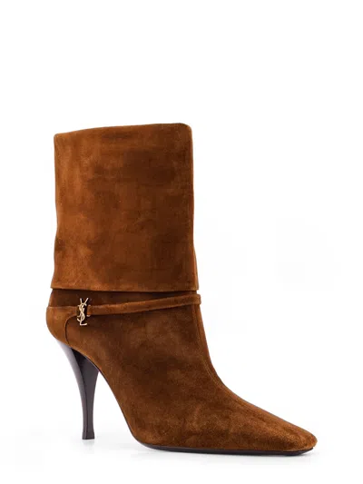Saint Laurent Niki Suede Ysl Stiletto Ankle Booties In Brown