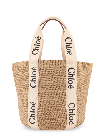 Chloé Woody Rafia Shoulder Bag In Neutral