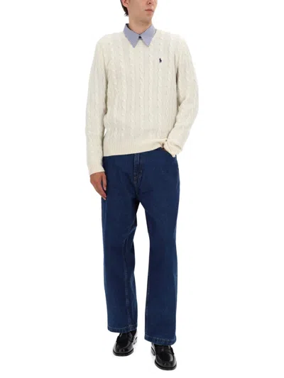 Polo Ralph Lauren Classic Cable-knit Sweater With Ribbed Hem And Embroidered Logo In Neutral