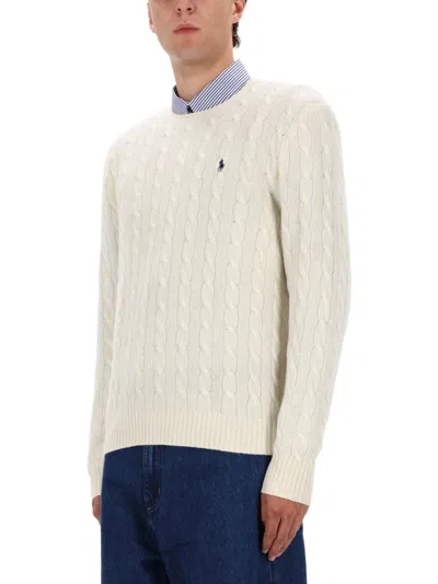 Polo Ralph Lauren Classic Cable-knit Sweater With Ribbed Hem And Embroidered Logo In Neutral