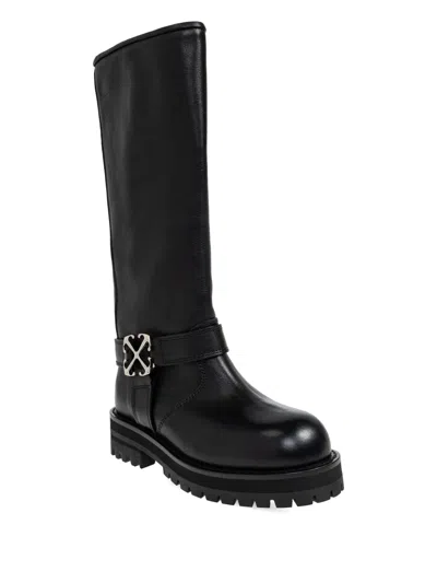 Off-white Logo-plaque Round-toe Biker Boots In Black