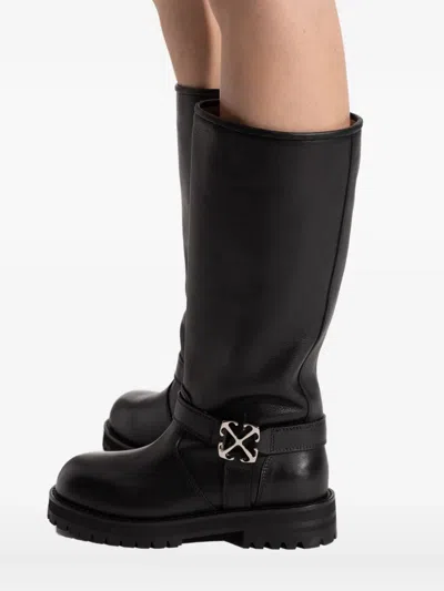 Off-white Logo-plaque Round-toe Biker Boots In Black