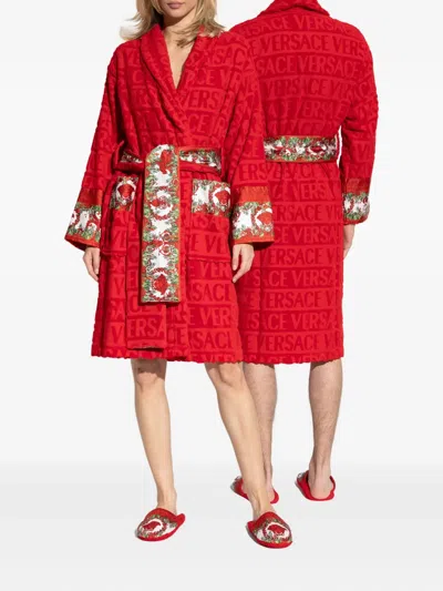 Versace Baroque-print Belted Robe In Red