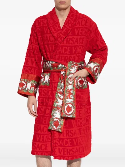 Versace Baroque-print Belted Robe In Red