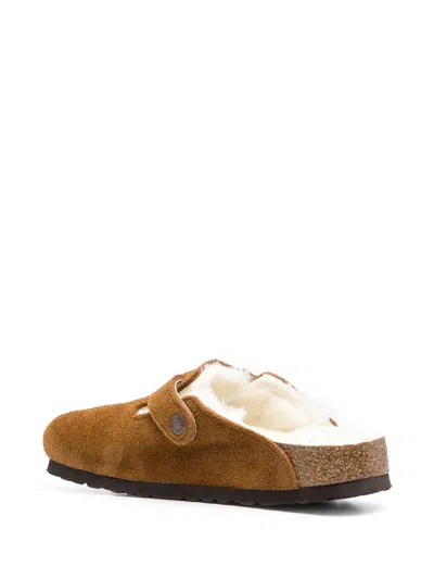 Birkenstock Boston Suede Mule With Fur Lining Shoes In Brown