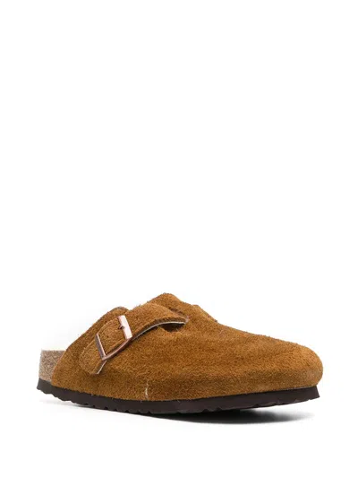 Birkenstock Boston Suede Mule With Fur Lining Shoes In Brown