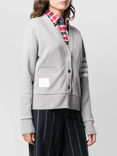 Thom Browne Striped Cotton V-neck Cardigan Pockets In Gray