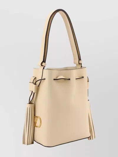 Valentino Leather Bucket Bag With Metal Vlogo Signature In Neutral