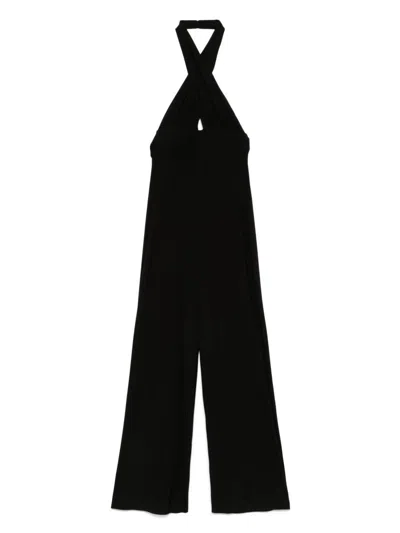 Norma Kamali Cross Halter Wide Leg Jumpsuit In Black