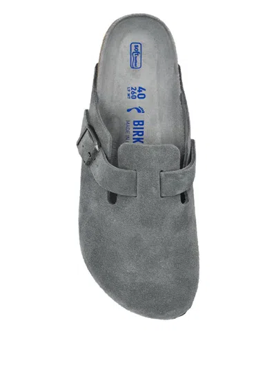 Birkenstock Suede Leather Open Back Slippers In Gray