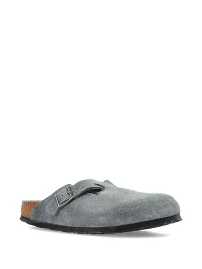 Birkenstock Suede Leather Open Back Slippers In Gray
