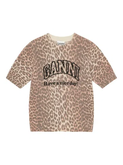 Ganni Leopard Wool T-shirt In Brown