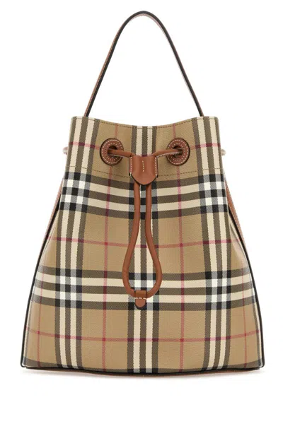 Burberry Check Pattern Canvas Bucket Bag With Top Handle And Leather Trim In Multi