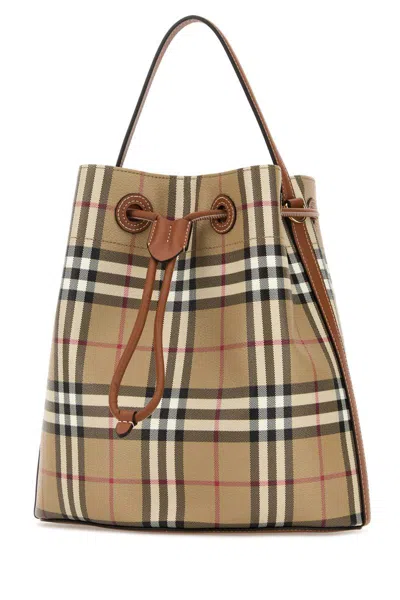 Burberry Check Pattern Canvas Bucket Bag With Top Handle And Leather Trim In Multi