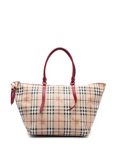 Pre-owned Burberry 2000-2017 Medium Haymarket Check Coated Canvas Salisbury Tote Bag In Brown