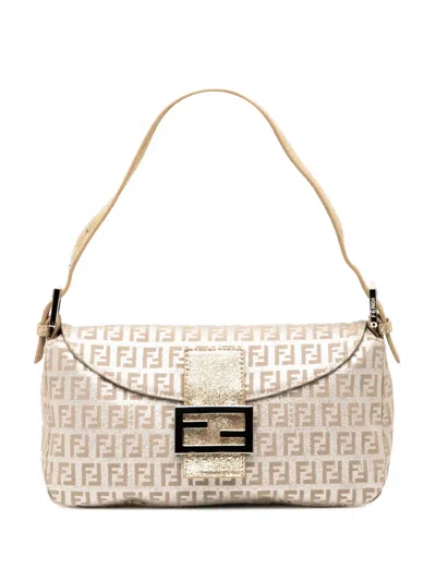 Pre-owned Fendi 2000-2010 Zucchino Metallic Canvas Double Flap Shoulder Bag In Silver