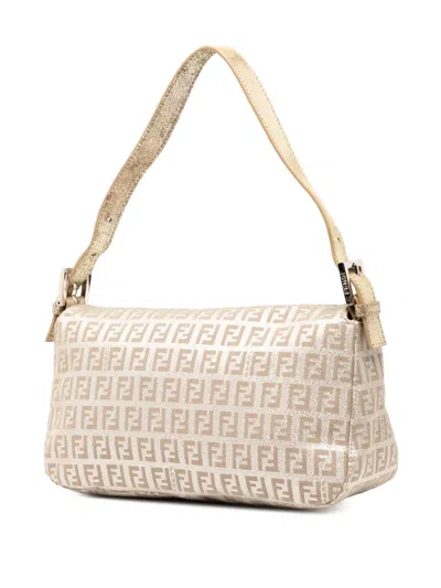 Pre-owned Fendi 2000-2010 Zucchino Metallic Canvas Double Flap Shoulder Bag In Silver